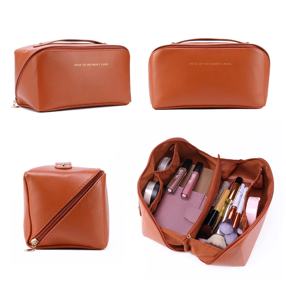 Trousse de maquillage en cuir pour femmes, grande capacité, organiseur de rangement pour pinceaux, idéal pour les voyages._voghion.com