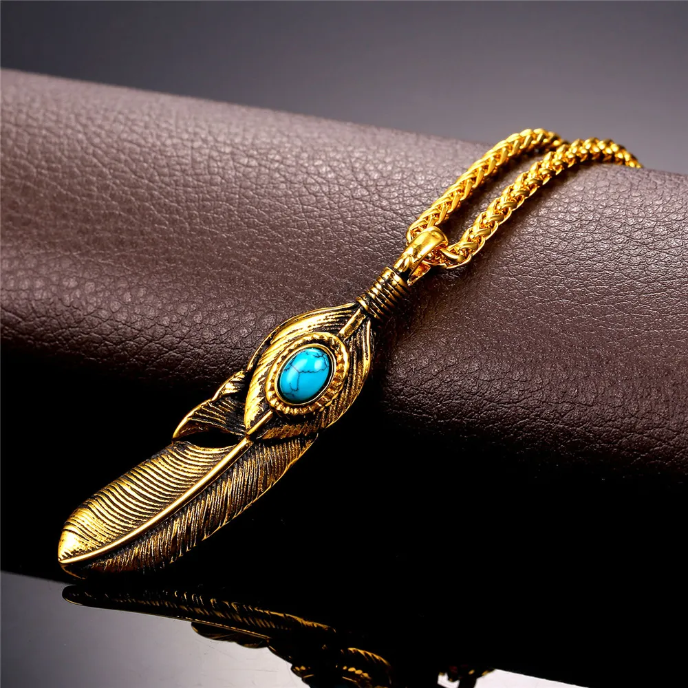 Collane con ciondolo Dream Catcher Collana e design a forma di piuma con pietra blu Acciaio inossidabile Colore oro Boho Vintage_voghion.com