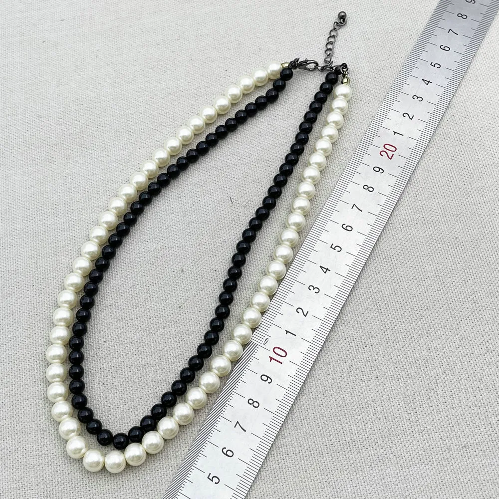Ketten M158 Modeschmuck Schwarze Perlen Weiße Perle Doppelschichtige Halskette Frauen_voghion.com