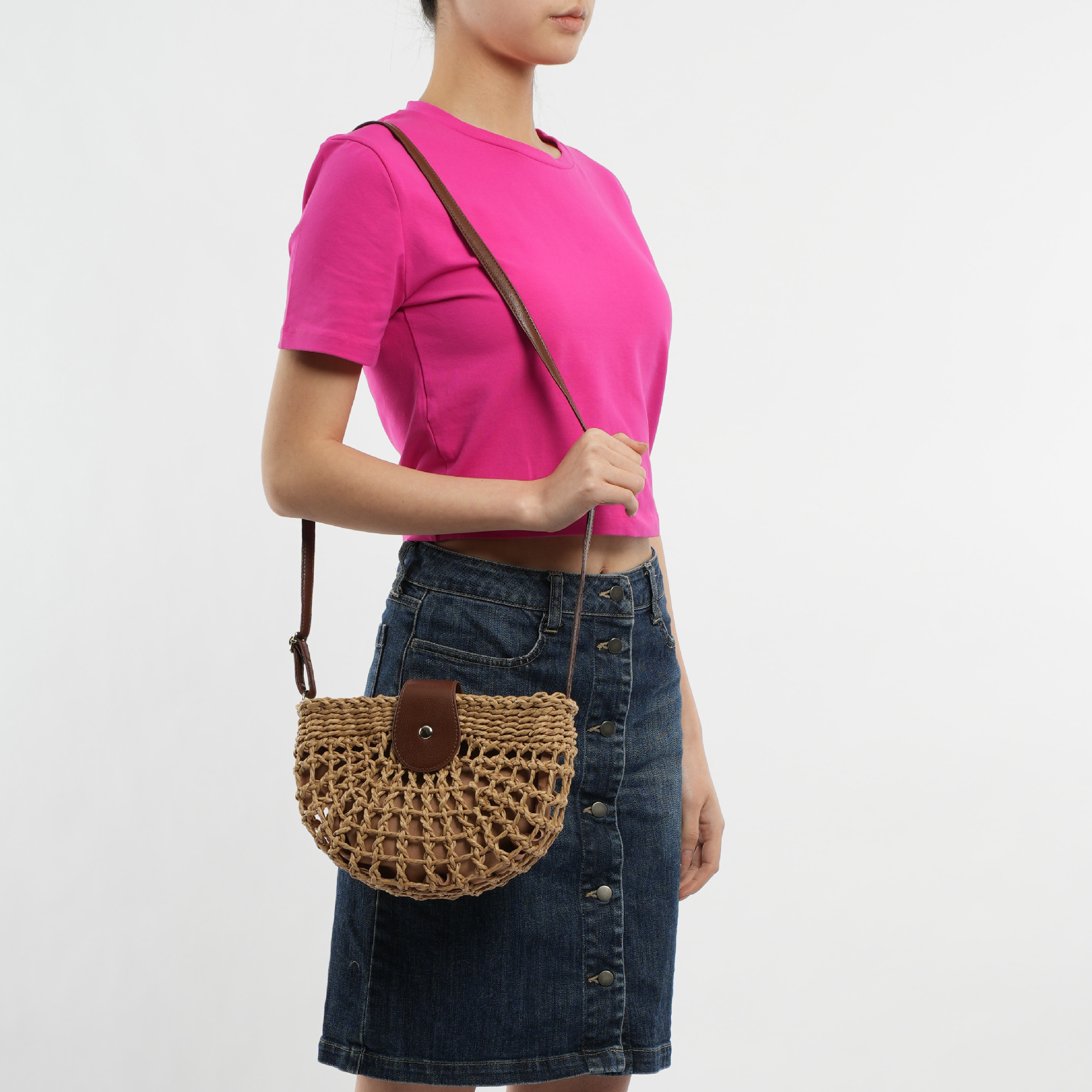 Halbrunde hohle Strohtasche Strand handgewebte Tasche Urlaub Damentasche Umhängetasche_voghion.com