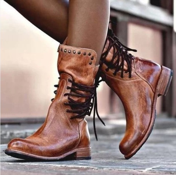 Botas de jinete con tiras en la espalda para mujer, de estilo retro, de talla grande, de pierna media baja, nuevas para otoño/invierno