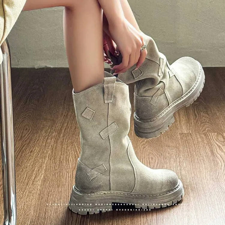 Vintage Style Women’s Outdoor Mid-Calf Boots For Summer – Lightweight Short Martin Boots Brown Grey