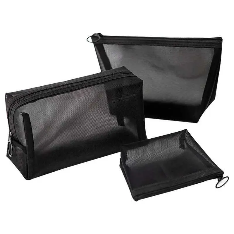 Nouveau petit sac de rangement de toilette de voyage portable en maille transparente noire pour cosmétiques Y241023_voghion.com