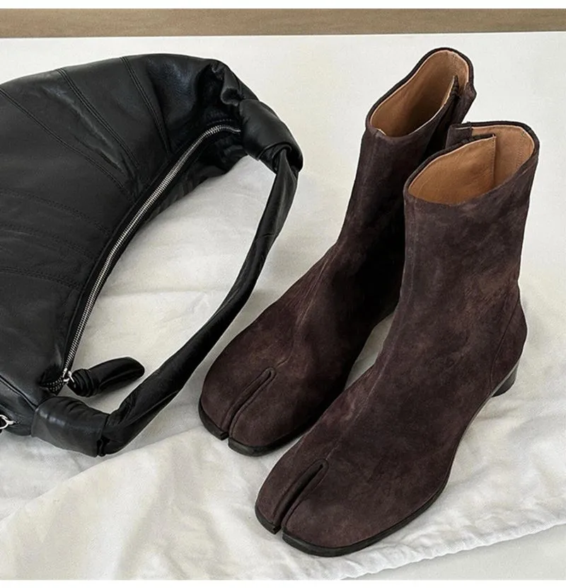 Women Ankle Boot Fahion Autumn Winter Soft Leather Split Toe Tabi Thick High Heel Chunky Shoe In Style Short_voghion.com