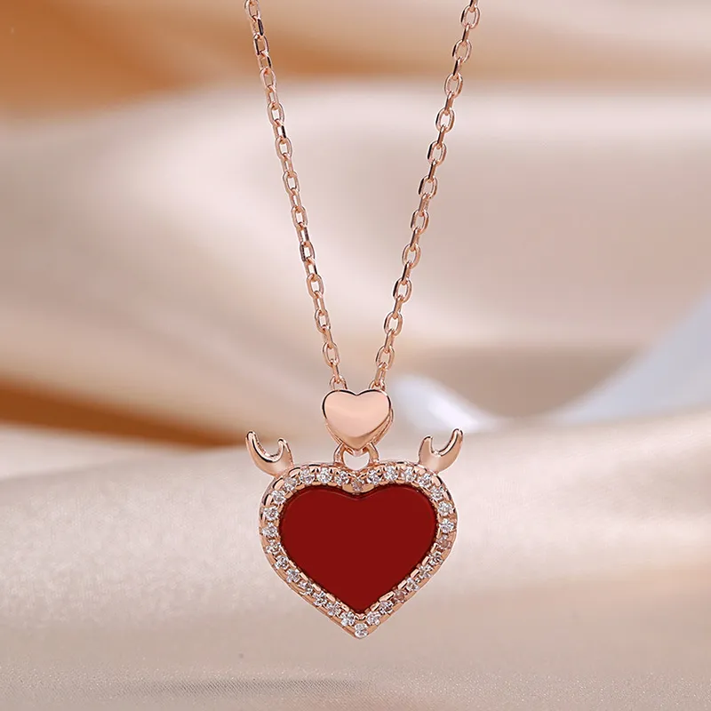 Sterling Love Necklace Rose Devil Antlers Red Agate Pendant_voghion.com