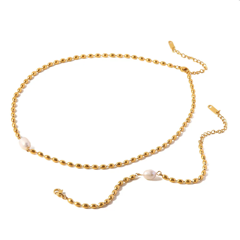 Set collana e bracciale a catena con perle in acciaio donna_voghion.com