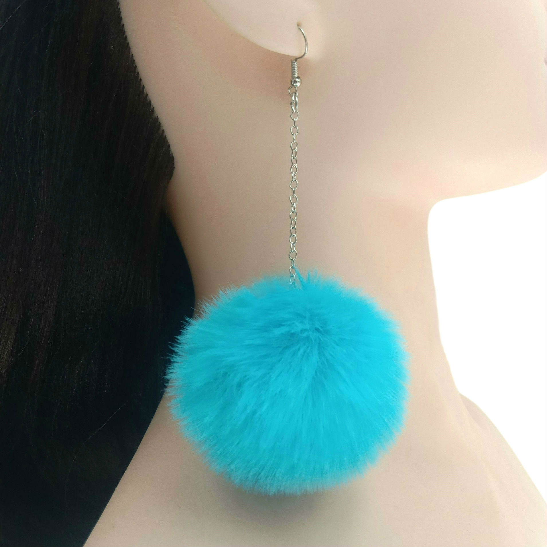 Ethnic style popular 6cm silver long chain rabbit fox fur female plush ball earrings_voghion.com