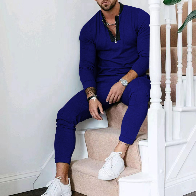Men's Spring and Autumn 2024 Waffle Trouser Sweater Spliced Stand up Neck Zipper Sports Set_voghion.com