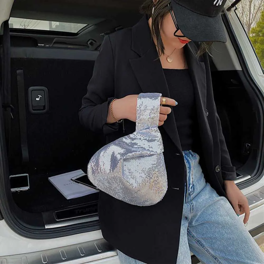 Portafoglio da donna alla moda con glitter scintillanti e chiusura a scatto, piccolo flash da polso con nodo, tasca, borsa firmata 2023 Y241106_voghion.com