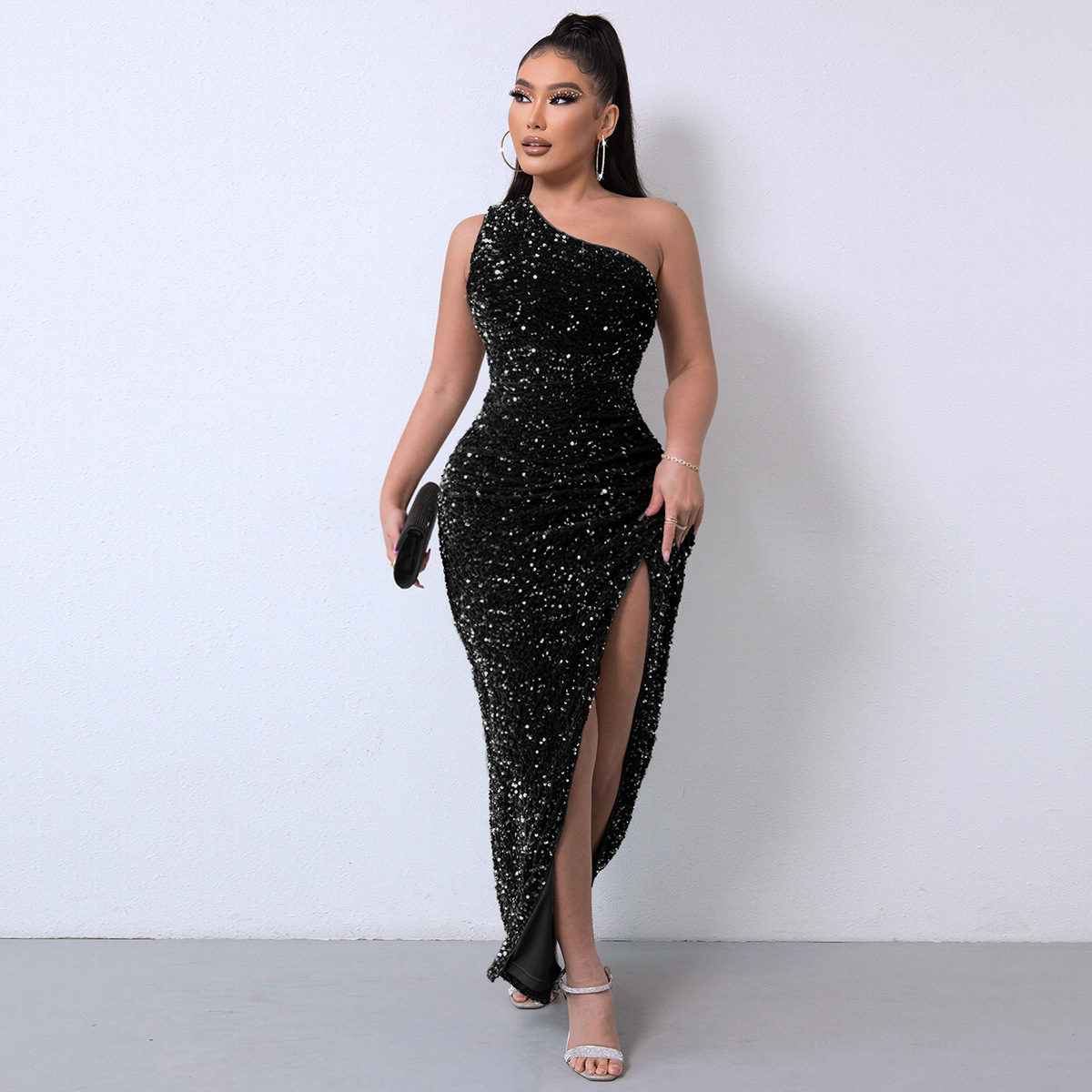 Women's sequin flannelette one-shoulder split party evening dress_voghion.com