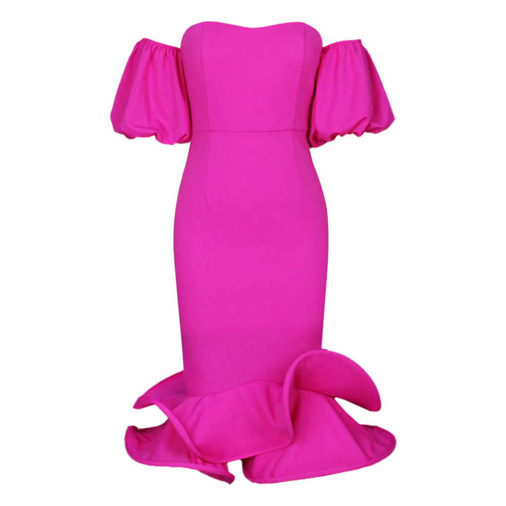 Rochie Midi cu volane, culoare solidă, tub, top, coadă de sirenă, sexy, cu umăr gol, mânecă scurtă și bufantă_voghion.com