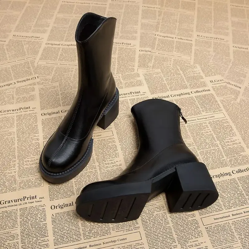 High ankle work very high heels brown short and chubby platform womens waterproof boots black Pu 240911_voghion.com