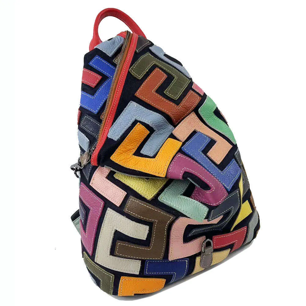Vintage Lederrucksack Für Damen Bunter Patchwork Reise Rucksack_voghion.com