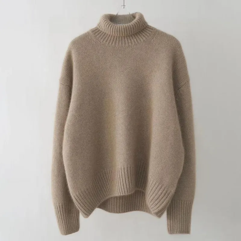 Pulls pour femmes Pull tricoté en cachemire pour femmes Élégant col haut Col roulé Lâche Épaissir Chaud Couleur unie_voghion.com