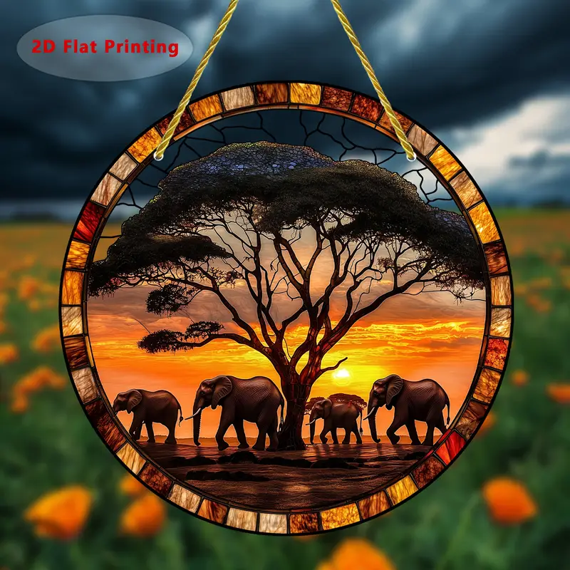One Piece, A 2D Printed Round Acrylic Dusk Elephant Colorful Garden Sun Catcher._voghion.com