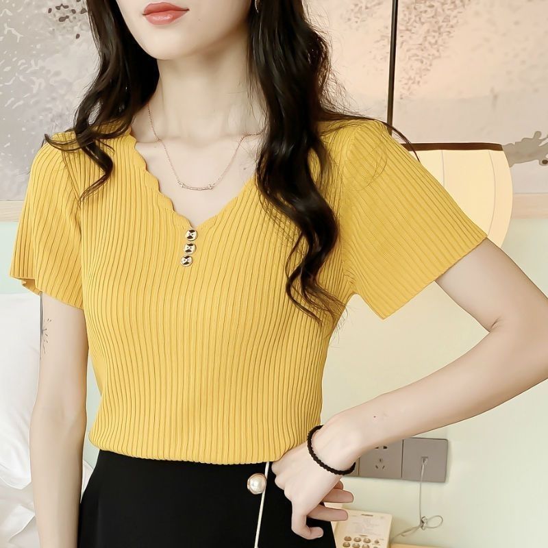 Ice Silk T-shirt Women's 2024 Summer New Slim Fit sleeved Korean V-neck Short Top Knitted Bottom_voghion.com