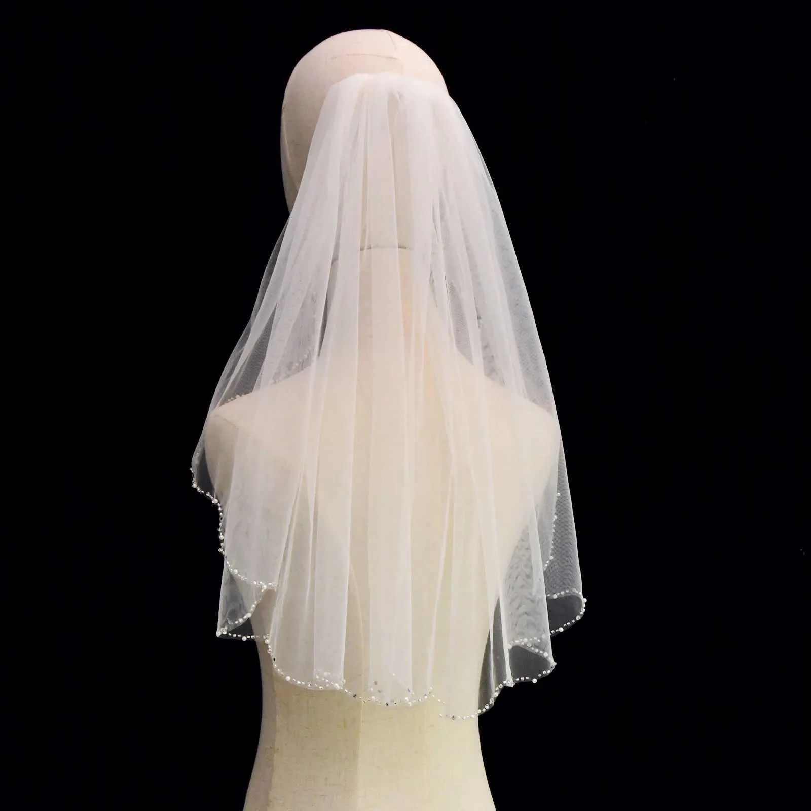 Hair Jewelry Short Wedding Veils Rhinestones Bridal Veil Crystal Beaded Bead Edge 60CM with Comb Bachelorette Party_voghion.com