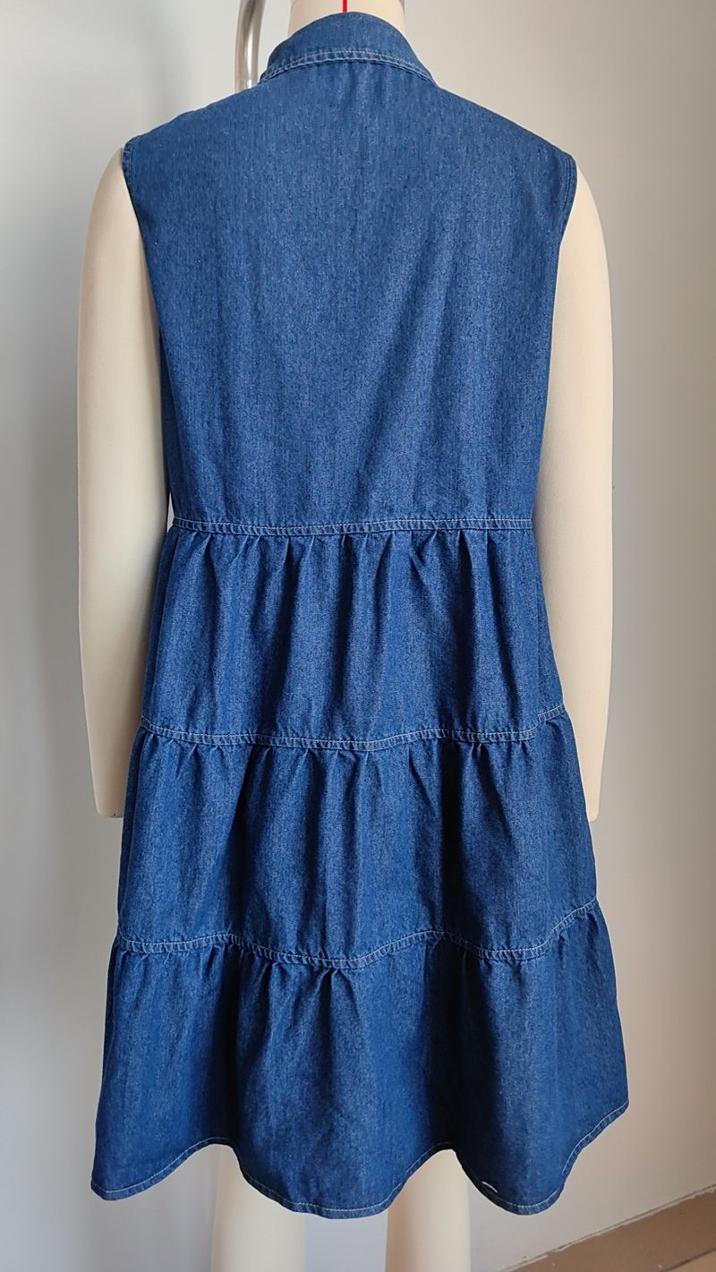 Damenbekleidung, gewaschenes, ärmelloses, lockeres Denim-Spleißkleid, trendig_voghion.com