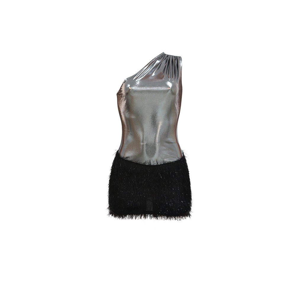 Women's Clothing New Product Fashion Sexy Slim Fit Hip Covering Bright Leather Knitted Wool One Shoulder Short Skirt_voghion.com
