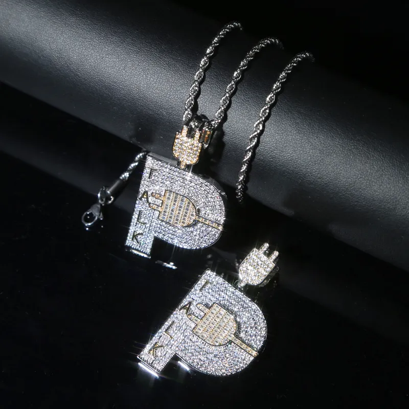 Chaînes Plaqué Or Hip Hop Hommes Bijoux Micro Pave Iced Out Bling Cubique Zircone Pavé Lettre P Forme Talk Plug Pendentif_voghion.com