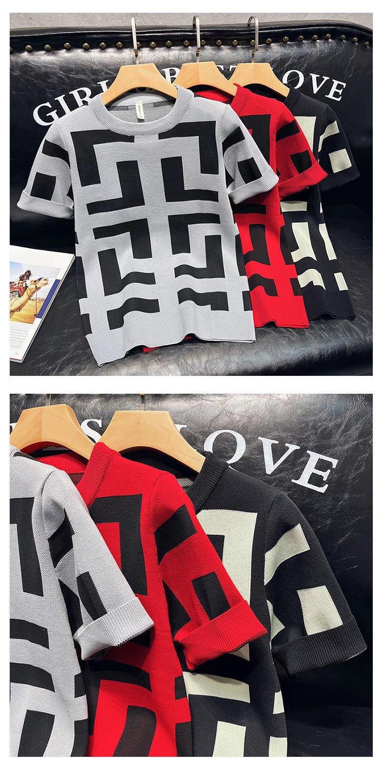 T-shirt estiva da uomo a maniche corte con motivo geometrico primaverile e autunnale slim casual trendy a maniche corte in maglia_voghion.com