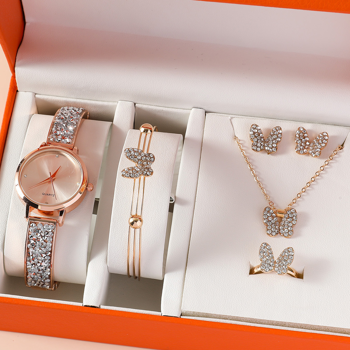 Nuevo conjunto de reloj para mujer, moda ins, estilo mariposa, reloj de cuarzo, pulsera, anillo, pendientes, collar