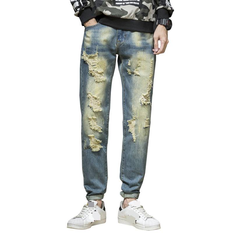 Men's Jeans Light Blue Slim Fit Distressed Trendy Versatile_voghion.com