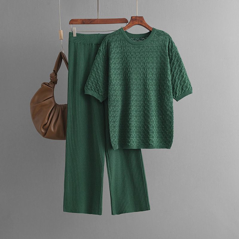 Pantaloni da donna nuovi, tinta unita, casual, scollo rotondo, alla moda, a maniche corte, in maglia, due pezzi_voghion.com