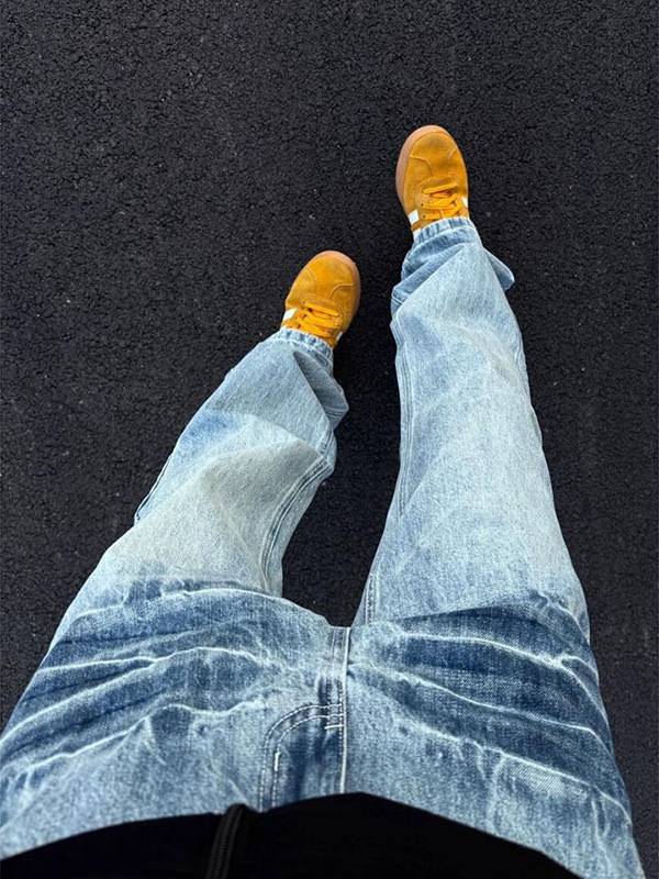 Men’s Clothing Simple Loose Straight Jeans Wide Leg Ripped Handsome Denim Straight Pants
