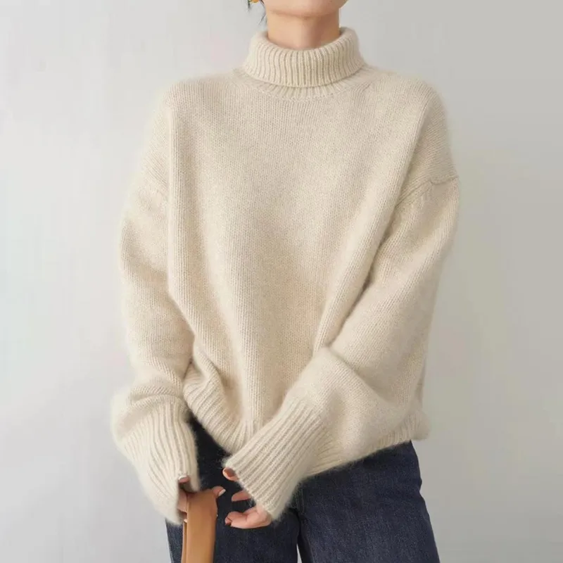 Pulls pour femmes Pull tricoté en cachemire pour femmes Élégant col haut Col roulé Lâche Épaissir Chaud Couleur unie_voghion.com