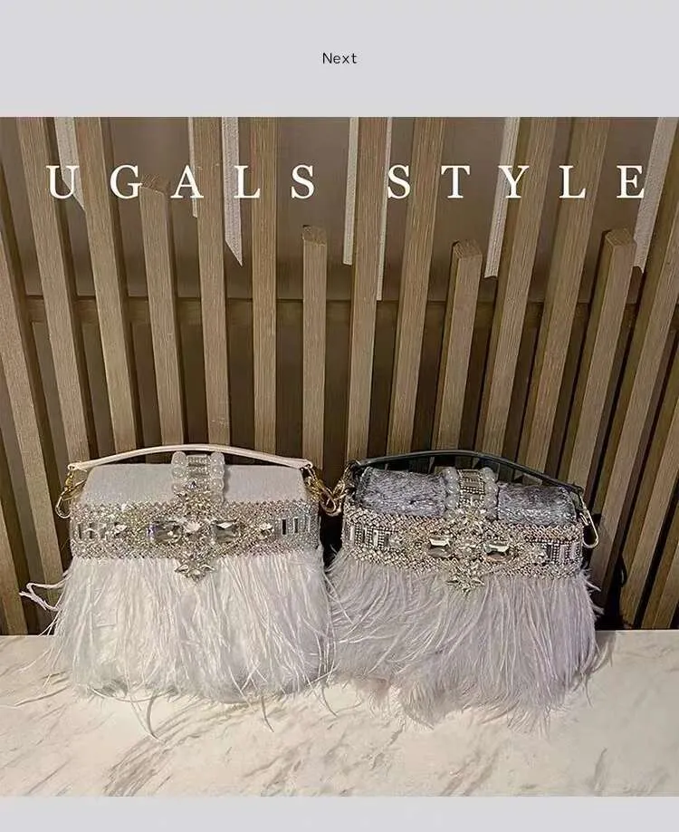Borsa da sera da donna in pelo di struzzo, borsa a tracolla con pochette in cristallo Rhie Dia, borsa da festa per matrimonio_voghion.com