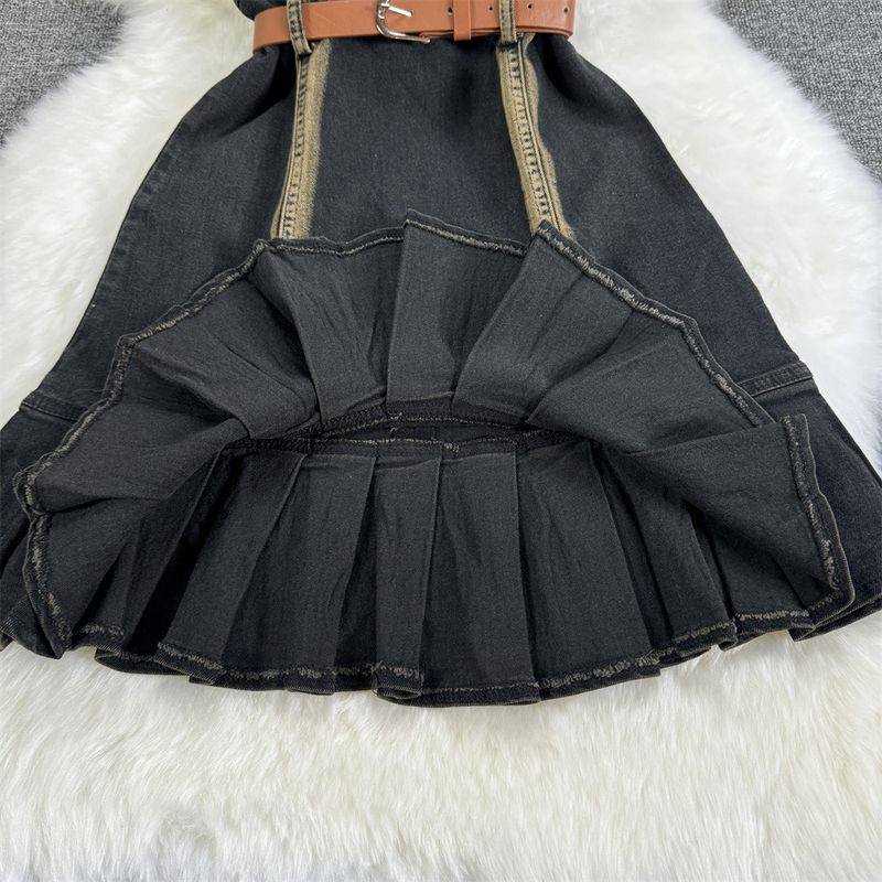 Rochie retro sexy din denim cu tub, cu un umăr, fără spate, cu coadă de pește, plisată pe șold, pentru femei_voghion.com