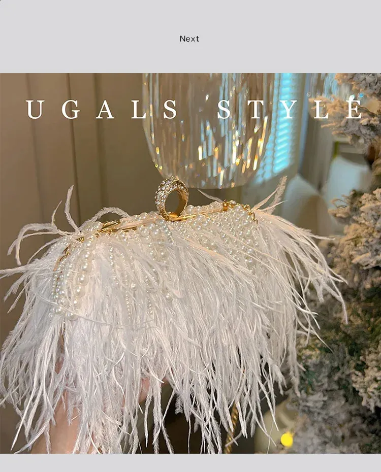 Pochette de soirée en plumes avec perles pour mariage et soirée_voghion.com