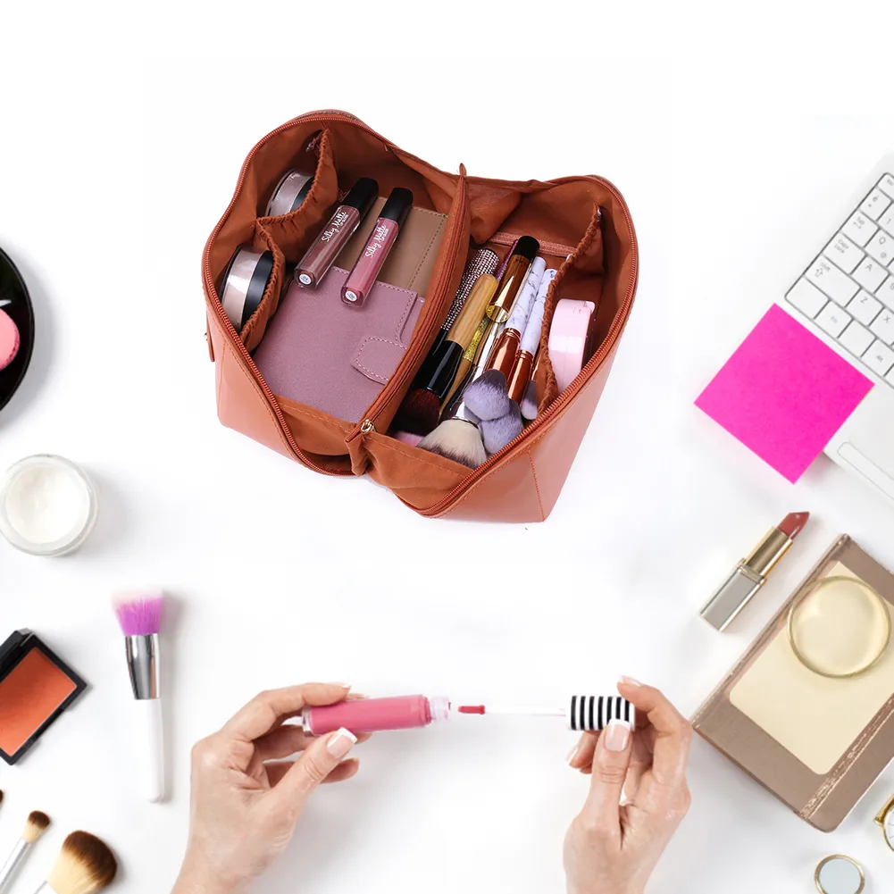 Trousse de maquillage en cuir pour femmes, grande capacité, organiseur de rangement pour pinceaux, idéal pour les voyages._voghion.com