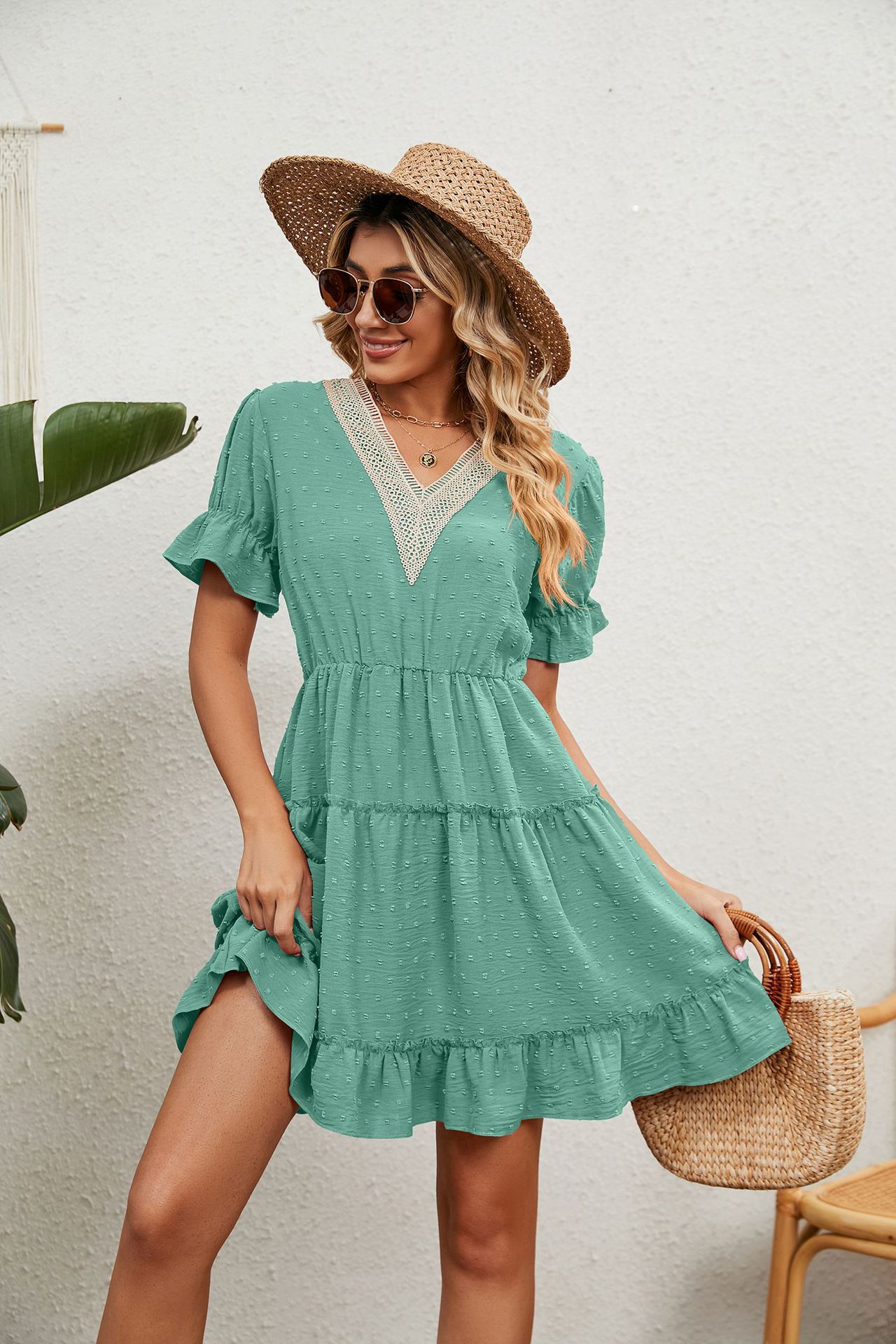 Damen-Kleid aus Jacquard-Wollknäuel mit V-Ausschnitt, lockeres, festes Kleid mit elastischer Taille_voghion.com