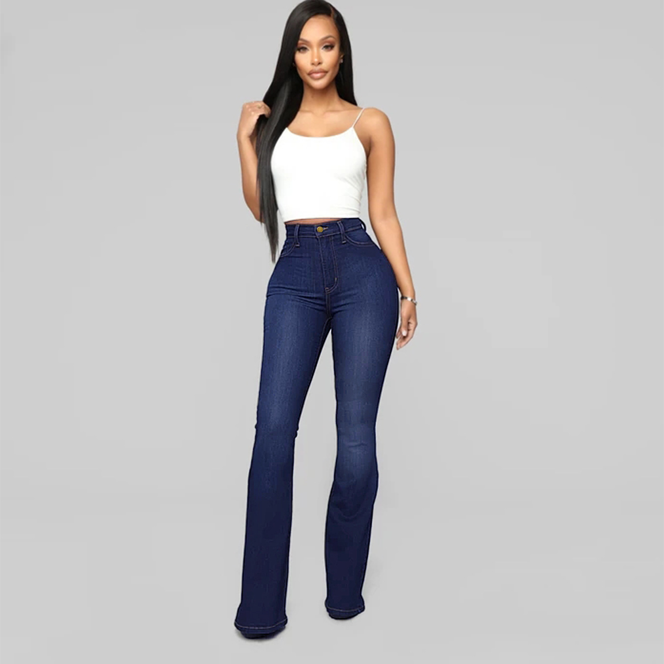 Roupas femininas clássicas cintura alta slim fit jeans calças ferradura_voghion.com