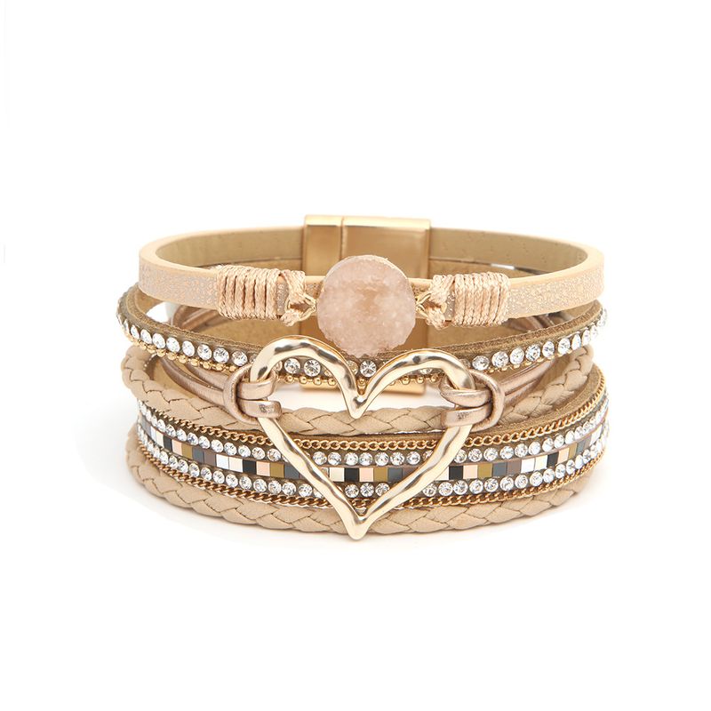 Bohemian Multi-layer Leather Handwoven Gold Big Love Ladies Bracelet_voghion.com