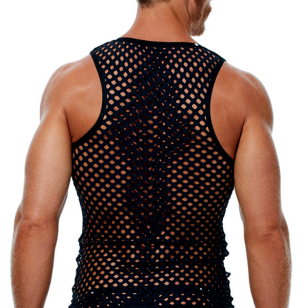 Chaleco informal sexy y calado para hombre, con borde cruzado, de talla grande, de malla transpirable, para vacaciones al aire libre en verano y playa._voghion.com