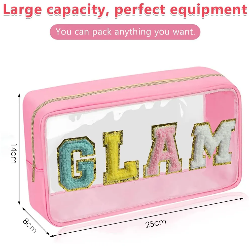 Mode Kosmetiktasche Große Kapazität Casual Organizer Clutch Taschen Transparent Bestickte Buchstaben Patches Tragbar Für_voghion.com