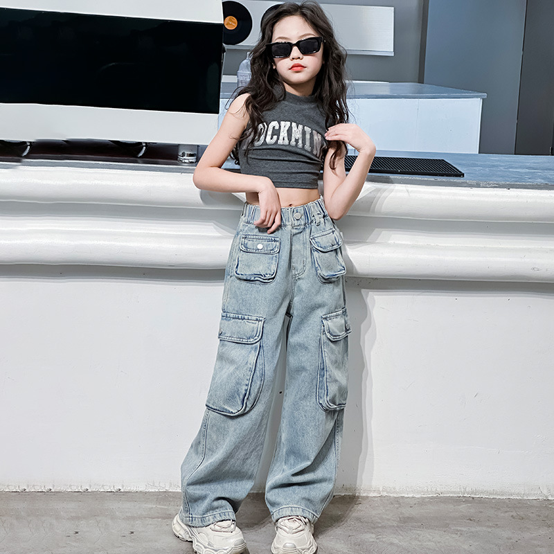 Jeans à grande poche pour filles, salopette ample pour garçons et filles, pantalons pour enfants_voghion.com