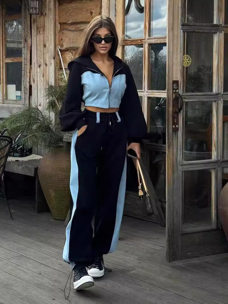 ​Women's Casual Color Block Hooded Sweater & Wide Leg Pants Set - Long Sleeve Streetwear Outfit For Fall​