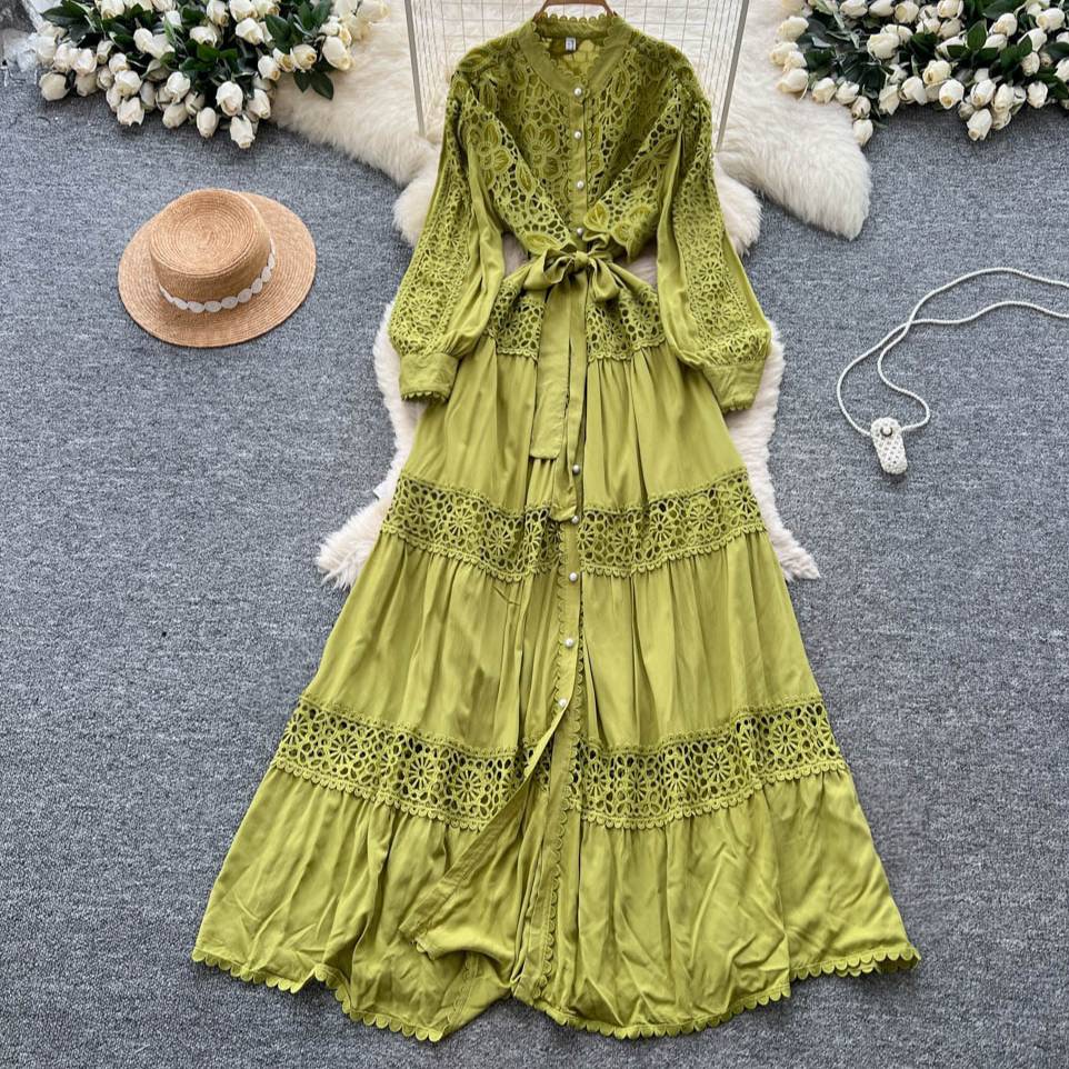 Elegant Women's Retro Court Style Lace Patchwork Long Dress_voghion.com