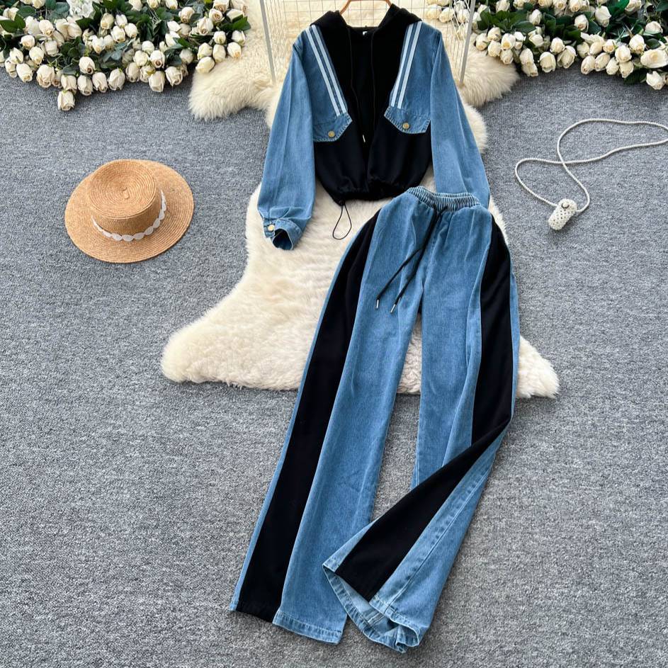 Zweiteiliges Retro-Denim- und Hoodie-Set – Oversized-Pullover + hochgeschnittene, weite Hose, trendiges Freizeitoutfit für Herbst/Winter_voghion.com