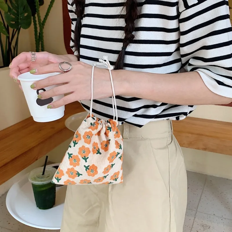 Floral Plaid Canvas Drawstring Cristmas Gift Candy Jewelry Cosmetics Coins Keys Organizer Packing Bags Storage Bag_voghion.com