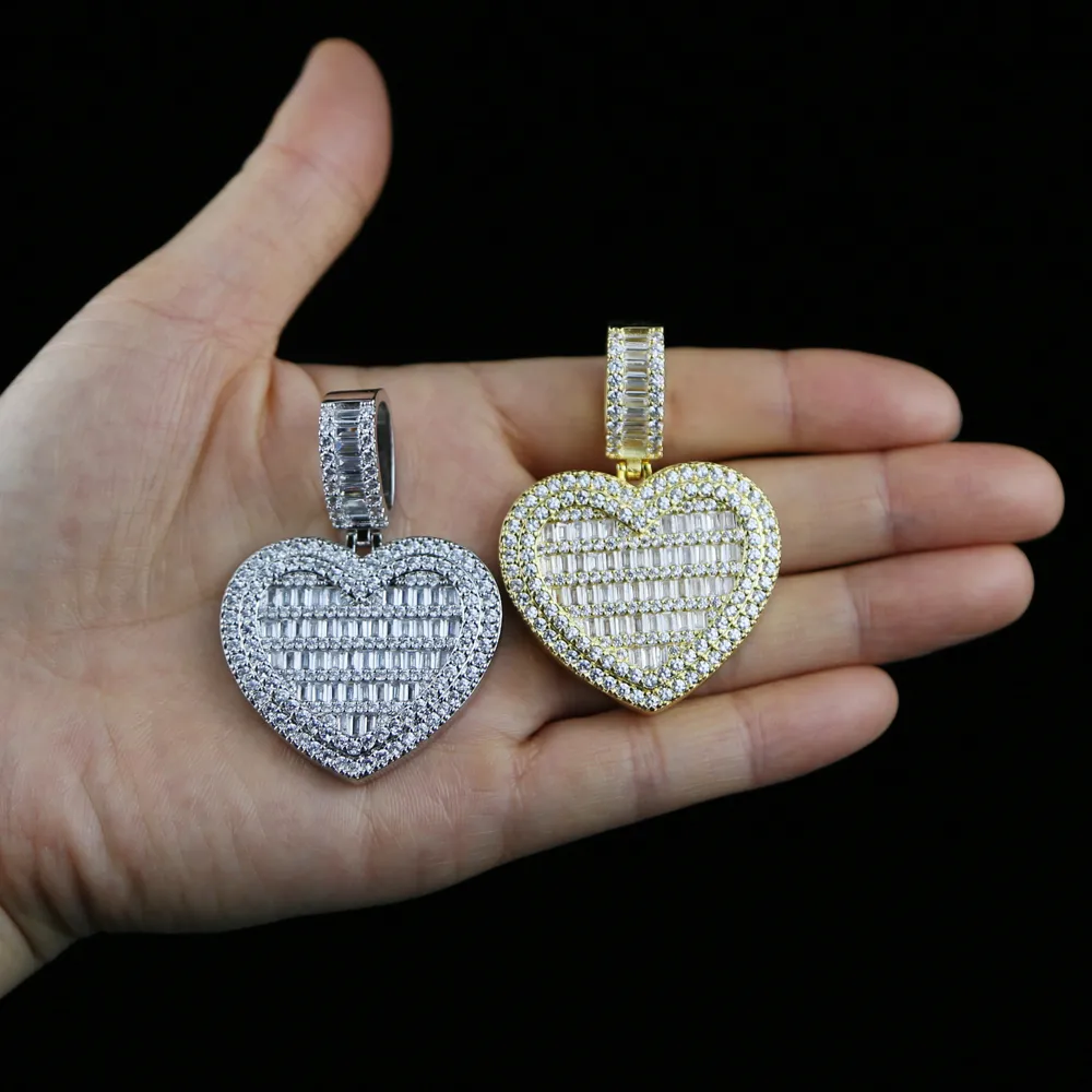Chains Valentine's Day Gift Women Men Micro Paved 5A Cubic Zirconia Baguette Cz Big HipHop Full Iced Out Heart Pendant_voghion.com