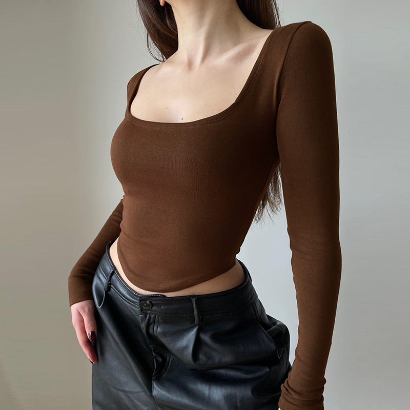 Damen-Freizeitkleidung, gestrickte Unterlage, kurzes, langärmliges Oberteil, unteres Hemd_voghion.com