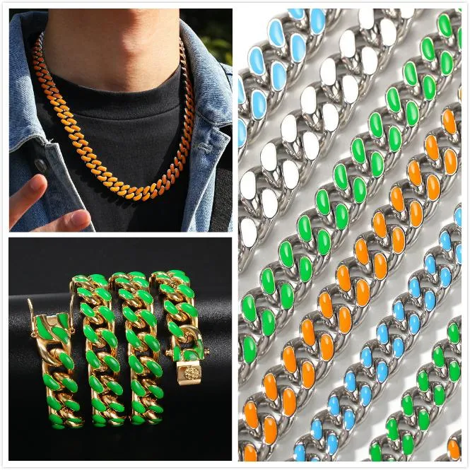 Personalised Enamel Cuban Link Chain Necklace For Men Gold Colour_voghion.com