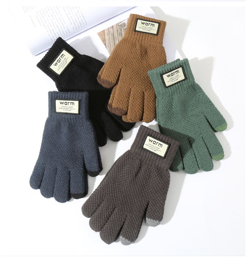 Gestrickte Handschuhe für Herren-Fahrradhandschuhe mit Plüsch und dicker Isolierung, winddichter Touchscreen im Winter, Strickhandschuhe_voghion.com