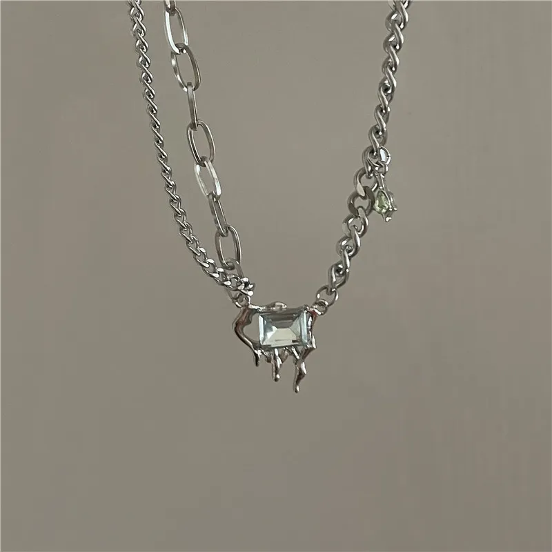 Anhänger Halsketten U-Magical Edelstahl Schmelzwachs Strass Halskette für Frauen Asymmetrie Chunky Chain Schmuck_voghion.com