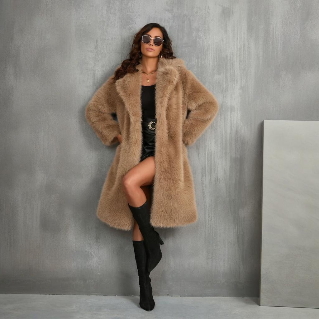 ​​Women’s Longline Faux Fur Coat – Elegant & Warm Winter Coat With Blazer Collar, Plush Retro Style (Deep Purple, Pink, Khaki)​​